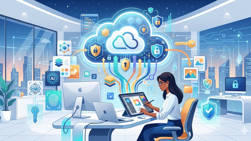 Современная иллюстрация безопасности данных в iCloud для дизайнеров в минималистичном стиле для блога