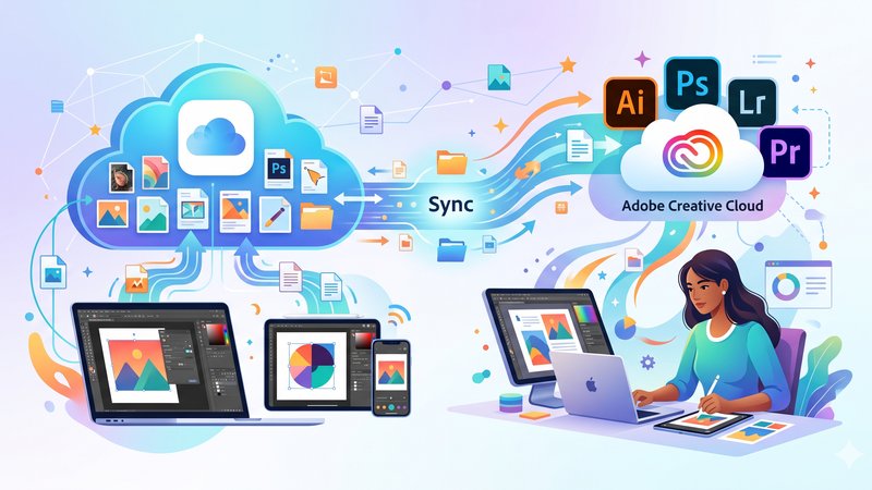 Современная иллюстрация синхронизации Adobe и iCloud для статьи о рабочих комбинациях сервисов 2026 года