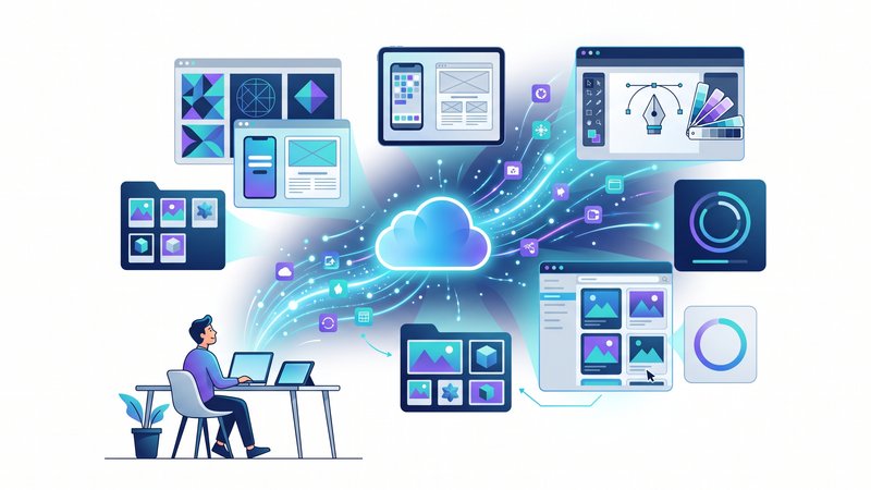 Современная иллюстрация облачного хранилища iCloud для портфолио дизайнеров в минималистичном профессиональном стиле