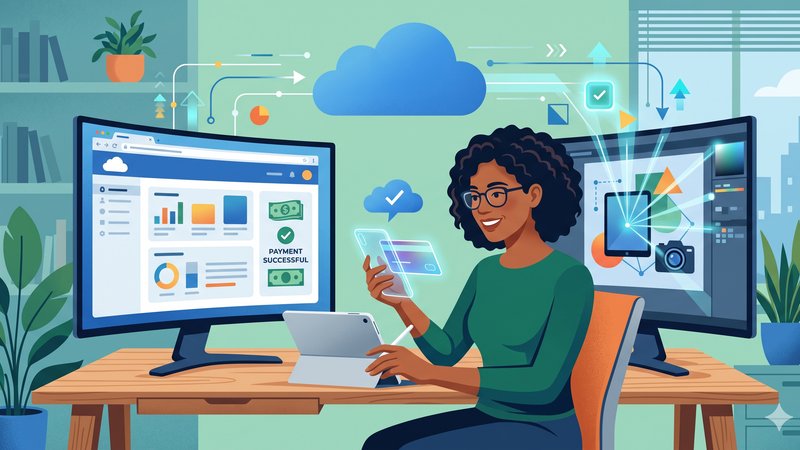 Современная иллюстрация облачного хранилища iCloud для статьи о способах оплаты сервиса дизайнером